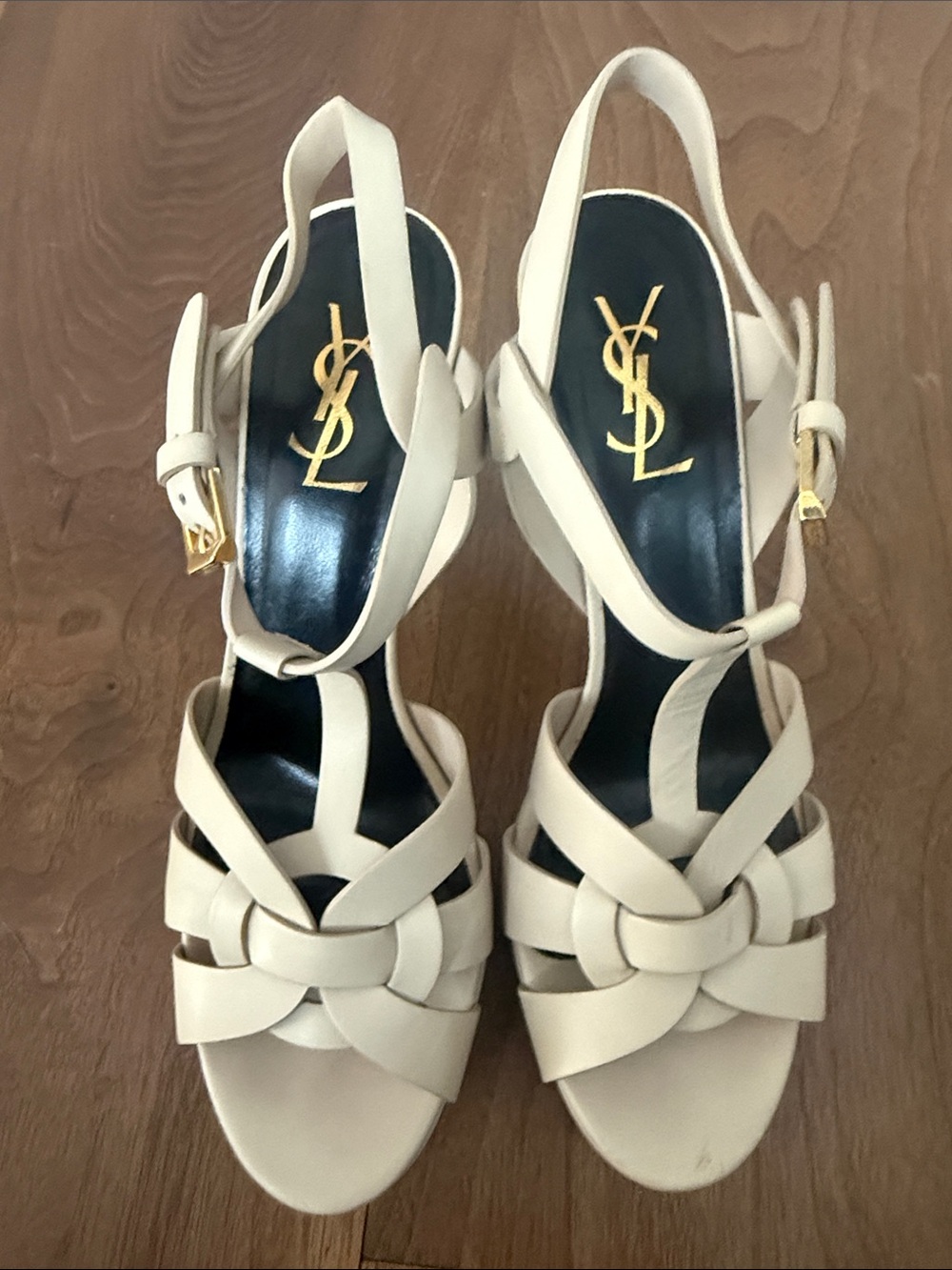 Saint Laurent Cream Leather Knot Slingback Heels with Gold YSL Logo